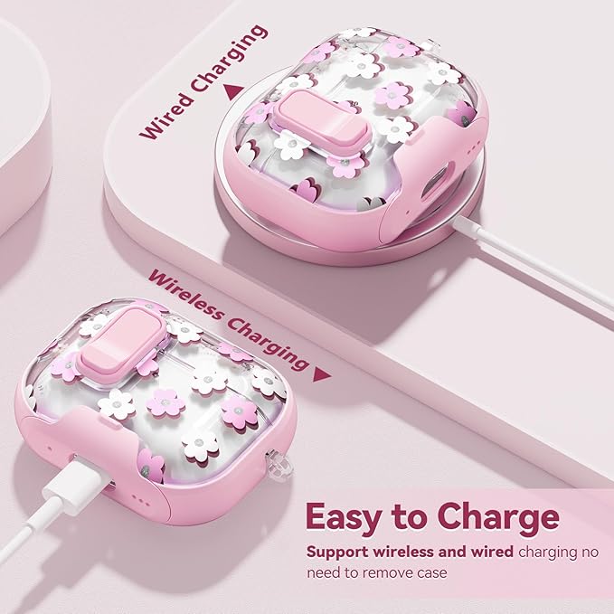 with Safety Lock for Apple AirPods 2 Case,Clear Floral Cute AirPod Pro 2nd Generation Case with Phone Stand & Cleaning Kit for Women Girly-Pink Flower