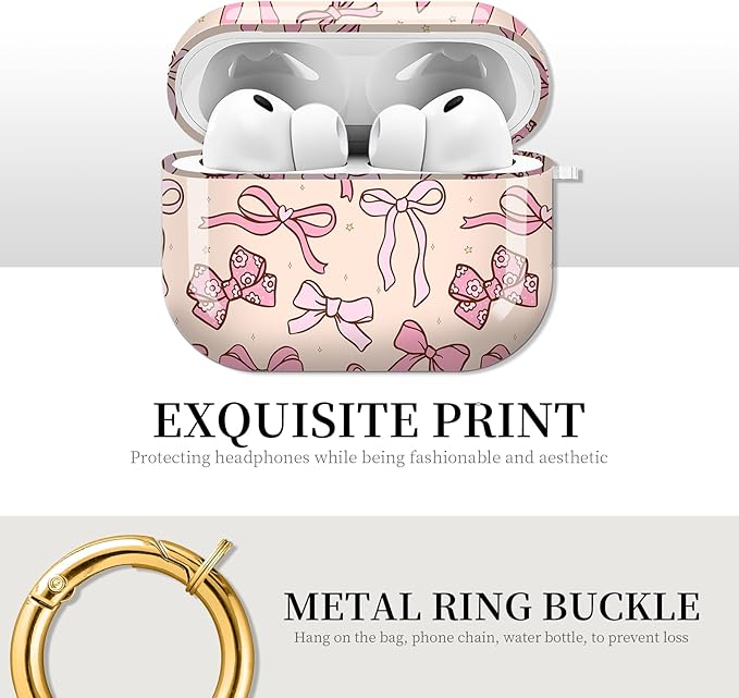 Case for AirPod Pro 3 Shock-Proof Protective Hard Case with Golden Keychain Compatible with Apple Airpods Pro 3rd Generation 2025 (Beige Pink Bow)