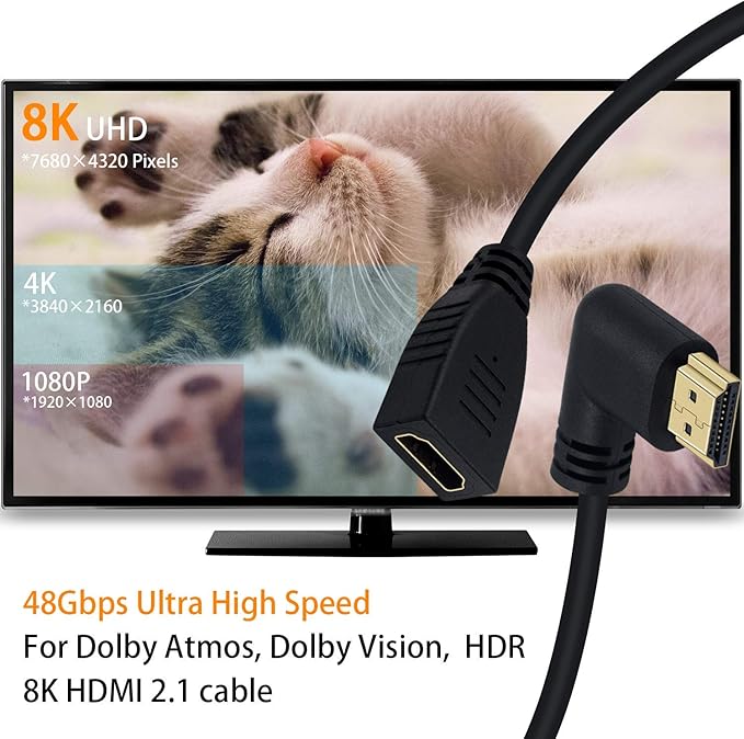 Poyiccot 8K HDMI Extension Cable, Short 90 Degree Right Angle Male to Female HDMI 2.1 Cable Adapter 48Gbps with 8K@60Hz Video & 3D HDR for TV/Xbox /PS4 /PS5 (Right M/F), 0.5feet
