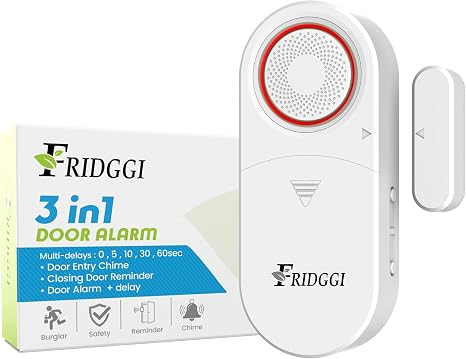 3-in-1 Alarm - Door Left Open Alarm, Chime with Delay, 0/5/10/30/60 Seconds, 2/5 Minutes, Window Ajar Alert, 80 to 120 dB, Close-Doors Reminder for Freezer, Home, Shop. (White)