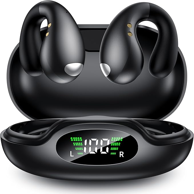 Open Ear Earbuds, Clip on Earbuds Bluetooth 6.1 Wireless Bone Conduction Earbuds with LED Power Display, 50H Playtime Sport Headphones with Stable Earhook for Running Workout Cycling