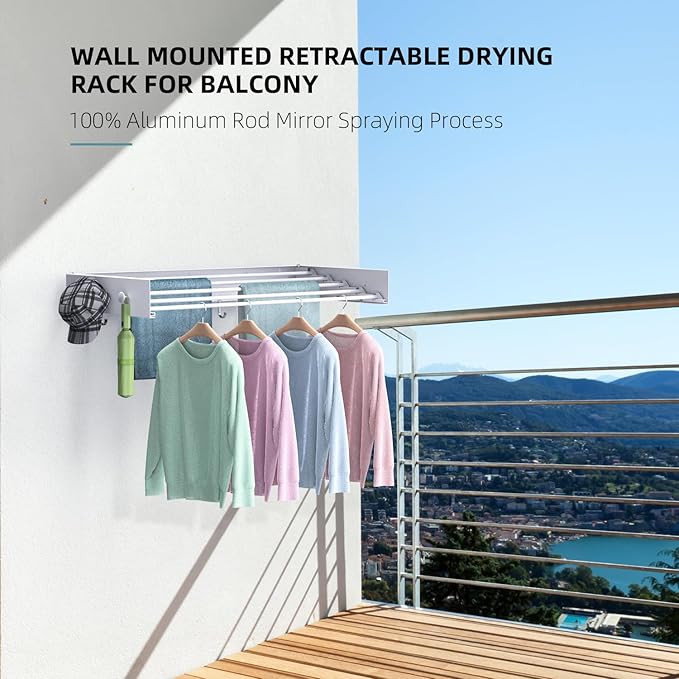 Drying Rack Clothing,Clothes Drying Rack Wall Mounted,Laundry Drying Rack Wall Mount,Foldable,Collapsible,60 lb Capacity 5 Aluminium Poles with 6 Hooks (White, 31.5" Upgrade)