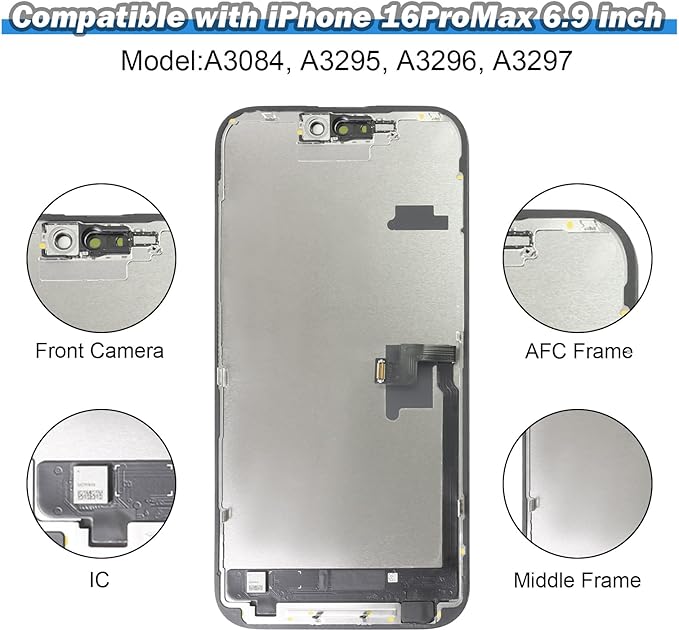 EFAITHFIX for iPhone 16 Pro Max Screen Replacement 6.9 Inch LCD COF 3D Touch Display Full HD Digitizer Frame Assembly (A3084,A3295,A3296,A3297) with Repair Tools, Screen Protector, Waterproof Adhesive