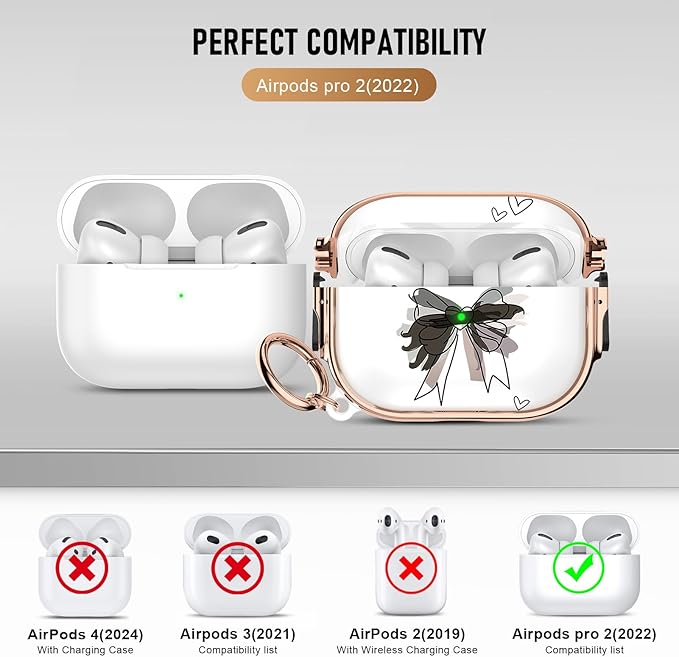 Maxjoy for Cute Airpods Pro 2 case with Safety Lock,Compatible Airpods Pro Case 2nd/1st Gen,Compatible Black Bow AirPods Case Cover for Women Girly with Keychain-Transparent