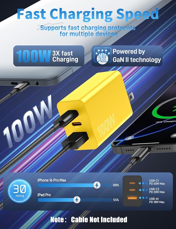 2Pack 100W USB C Charger Block, 3Port Fast Charging Adapter, Type C Fast Charging Blocks Cube PD USBC Wall Plug+QC3.0 USB A Charger Brick for MacBook Pro/Air,iPad,iPhone 17/16,Samsung S25 &More-Yellow