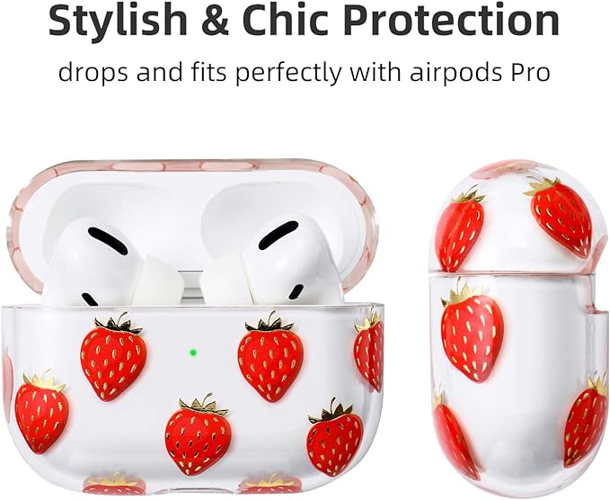 Compatible with Apple Airpods Pro Case for Women, Clear with Designs Patterns Hard PC Shockproof [Front LED Visible ] Anti-Fall Full Protector, Strawberry