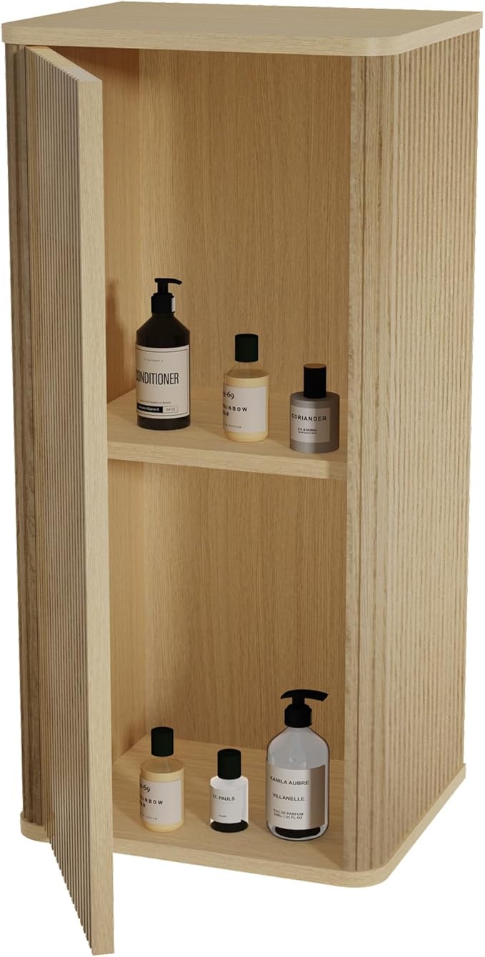 Striped Floating Bathroom Side Cabinet Wall-Mounted Storage for Small Spaces Pre-Assembled with Safe Curvy Design Push-Open Door (Natural Oak, Side Cabinet)