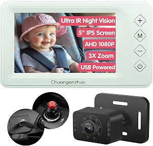 S100P Baby Car Camera with Ultra Night Vision, 5'' HD 1080P IPS Baby Car Monitor with 3X Zoom, Backseat/Carseat/Rear Seat Camera USB, Easy No-Damage Install, Safety for Infants and Pets (5 inch Green)