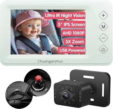 S100P Baby Car Camera with Ultra Night Vision, 5'' HD 1080P IPS Baby Car Monitor with 3X Zoom, Backseat/Carseat/Rear Seat Camera USB, Easy No-Damage Install, Safety for Infants and Pets (5 inch Green)