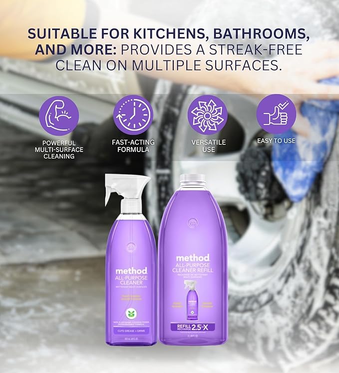 Method French Lavender Scent All Purpose Cleaner Spray 28 oz + 68 oz Refill Bundle with Microfiber Cloth - Multi Surface Cleaner Spray - Plant-Based Cleaning Power - Biodegradable Formula - (3 Items)
