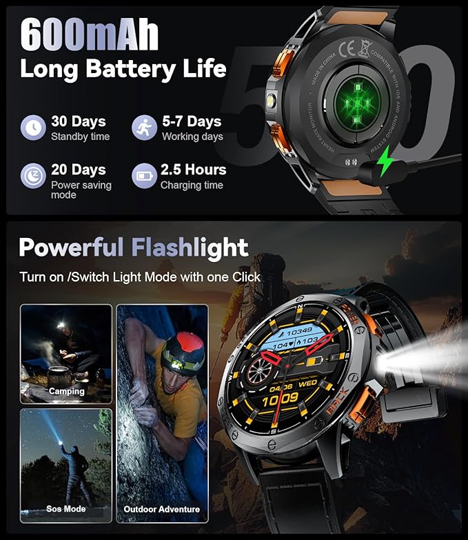 LIGE DM1 GPS Military Smart Watch for Men (Answer/Make Calls), 100+ Sports Modes Fitness Tracker, LED Flashlight/Compass/45 Days Battery/IP68 Waterproof 1.43'' AMOLED Smartwatch for Android iOS