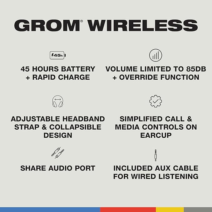 Skullcandy Grom Wireless Headphones, Volume-Limiting Audio, Comfortable Over-Ear Fit, Designed for Kids 6+, Up to 45 Hours Battery, Backup 3.5mm AUX Cable Included with Built-in Microphone - Black