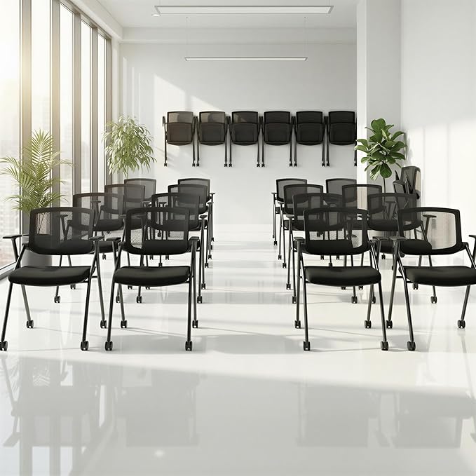 Folding Chair with Wheels and Paddle, Ergonomic Mesh Back and Arms for Office, Meetings, Conferences, Receptions, Training Rooms & Folding Office Chairs - Black 50 Pack