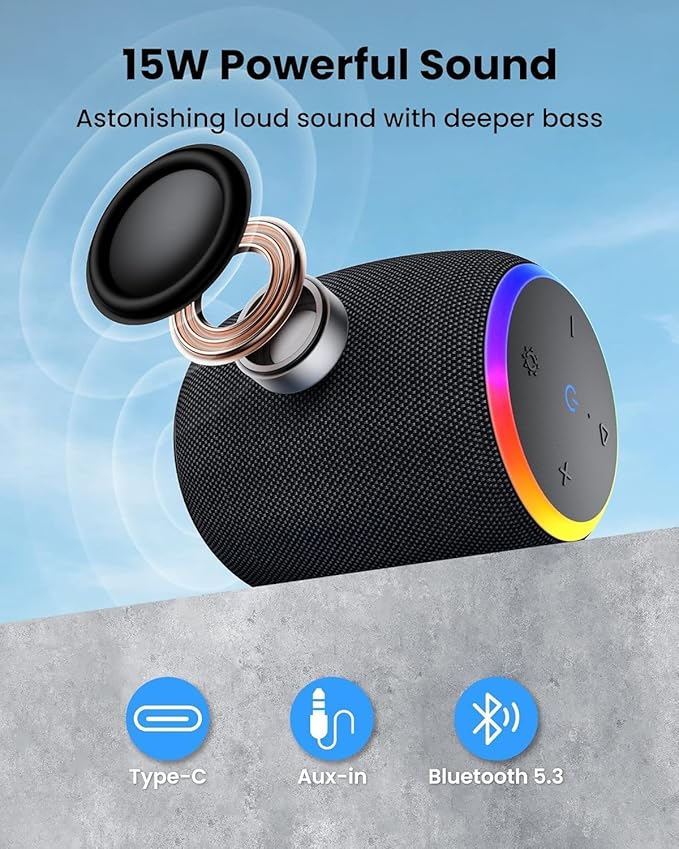 Bluetooth Speaker, Portable Wireless with 15W Stereo Sound, IPX6 Waterproof, Blue Tooth 5.3, LED Light, TWS Pairing, 12H Playtime Shower Speakers for Home Outdoor Party Beach(Gray)
