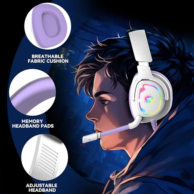 Gaming Headset for PC/PS4/PS5/Xbox One/Switch, Stereo Surround Sound Gaming Headphones with Noise Canceling Flexible Mic, Computer Headset with 3.5mm Jack & RGB Light (WhitePurple)