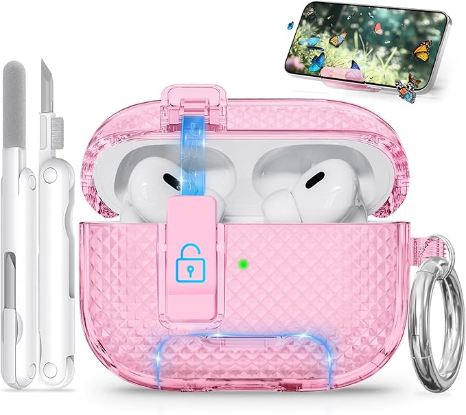for AirPods Pro 2 Case with Phone Stand & Secure Lock, Auto-Open Clear Cover Compatible with Apple AirPods Pro 2nd/1st Gen (2023,2022,2019) with Cleaning Kit & Keychain (W-Pink)