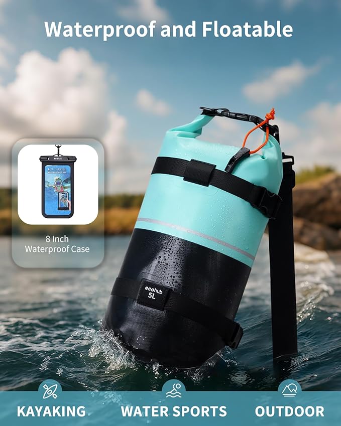 ECOHUB Waterproof Dry Bag for Women Men, 5L/10L/20L Roll Top Lightweight Dry Storage Bag Backpack for Travel Kayaking Hiking Floating with Waterproof Phone Case