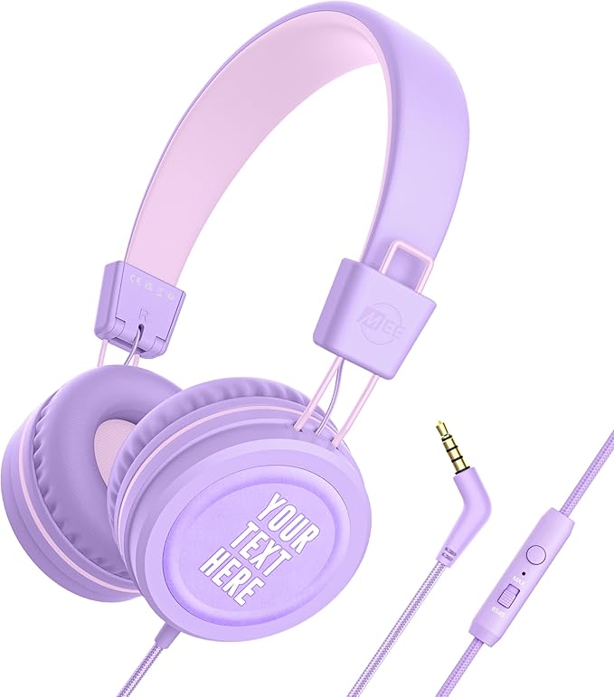 MEE audio KidJamz KJ55 Personalized Wired Headphones for Kids with Custom Full Color Photo Print, 3.5mm Plug Headset, Volume Limiter, & Microphone, Printed Graphics for School, Gift, Travel (Lavender)