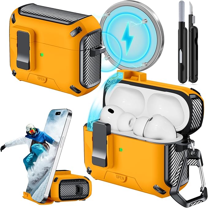 for AirPods Pro 2nd/1st Case (2023/2022/2019) with Phone Stand,（with Automatic Snap Switch） Carbon Fiber Design Protection Cover with Cleaning Pen,Yellow