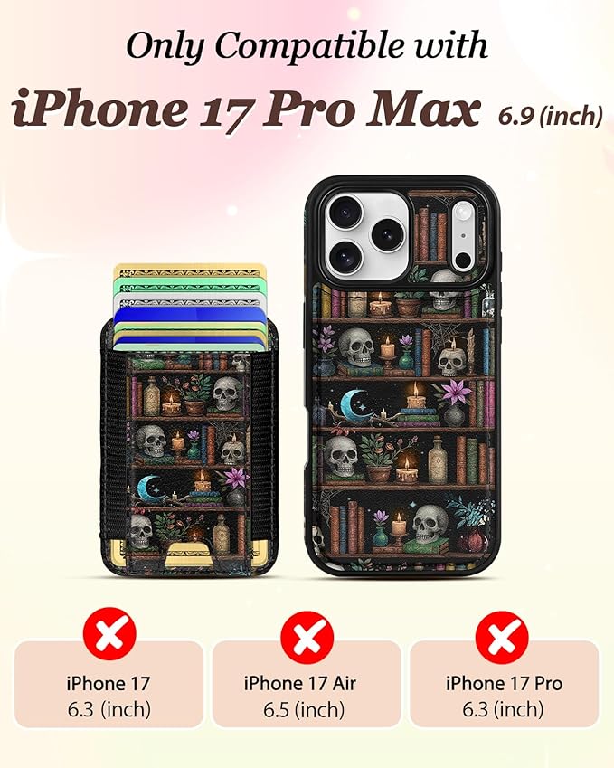 Shorogyt for iPhone 17 Pro Max Case Wallet - Fits 5 Cards, Compatible with Magsafe Detachable Magnetic Credit Card Holder Leather Cardholder Cute Phone Cover Women Girls for Apple 17 ProMax, Bookshelf