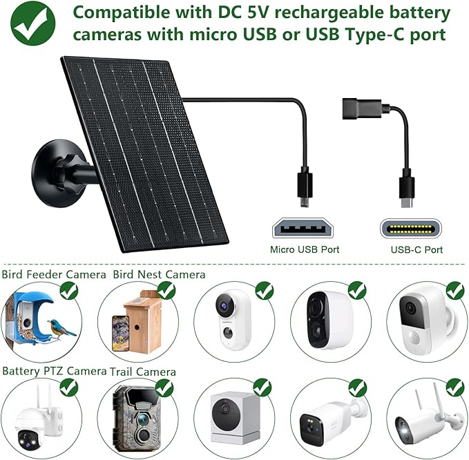 Zivif 4W Solar Panel for Security Cameras, 5V Solar Charger with Micro USB/USB-C Ports, IP65 Waterproof, 360° Adjustable Mount & 9.8ft Cable for Rechargeable Battery Cameras