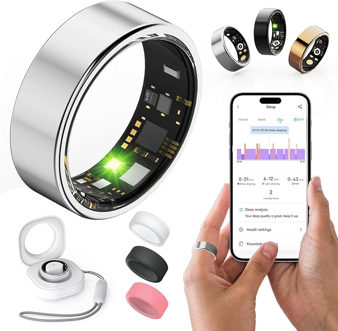 Health Rings for Women Men, Fitness Tracker with Heart Rate,Blood Oxygen, Blood Pressure, Sleep/Step Tracker, IP68 Waterproof Smart Ring for iPhone & Android (Silver, 10#)