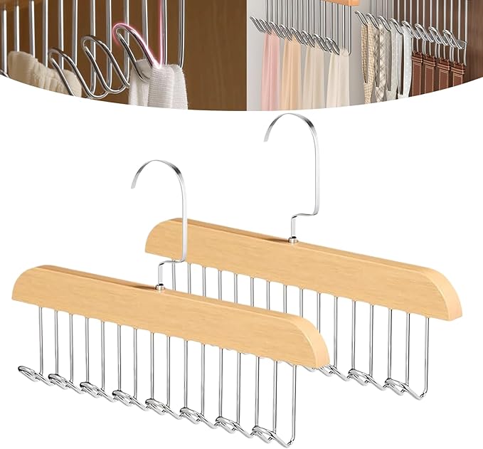 2 Pcs Tank Top Hanger,Tie Racks for Closet, Wooden Hangers with 8 Hooks Space Saving, Closet Organizers and Storage for Bras Camis Belts Ties