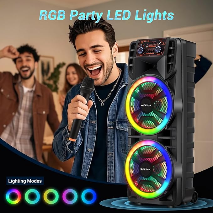 Wireless Bluetooth Party Speaker with Dual 12 Inches Woofers, Portable Karaoke Speaker System, Microphone & Remote, RGB LED Lights, Karaoke Machine with Bass, AUX/USB/TF/TWS/Echo, FM Radio