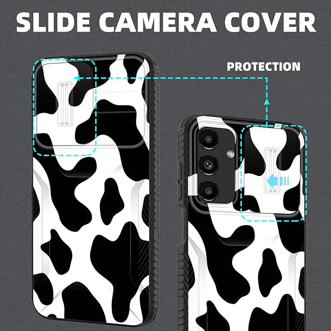for Galaxy A15 5G Case Built in Slide Camera Lens Cover,Heavy Duty Shockproof Protection Dual Layer Case for Samsung Galaxy A15 5G 6.5 inch 2024,Cow Print