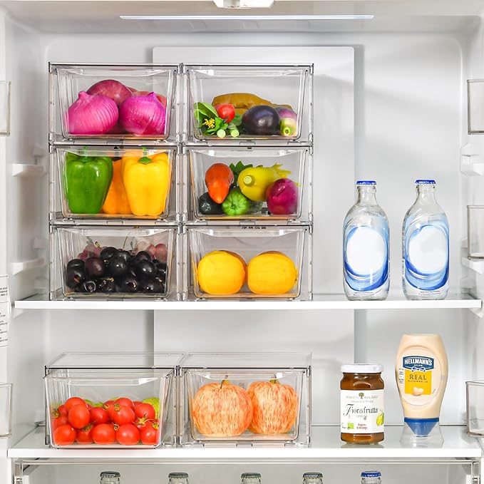 4Pack Clear Stackable Kitchen Storage Organizer,Pantry Organizers and Storage,Foods Organizer Bins with Handles, Easily Assemble for Bathroom, Kitchen, Refrigerator, Pantry, Cabinet, Closet