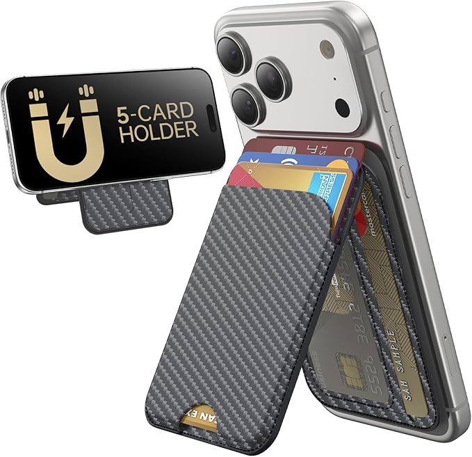 for MagSafe Wallet, 5 Cards Holder with Stand, Magnetic Phone Wallet Stand for iPhone 17/16/15/14/13/12 Pro Max Air Plus Series, RFID Blocking Vegan Leather,Carbon Fiber