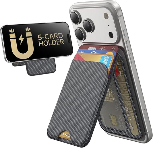 for MagSafe Wallet, 5 Cards Holder with Stand, Magnetic Phone Wallet Stand for iPhone 17/16/15/14/13/12 Pro Max Air Plus Series, RFID Blocking Vegan Leather,Carbon Fiber