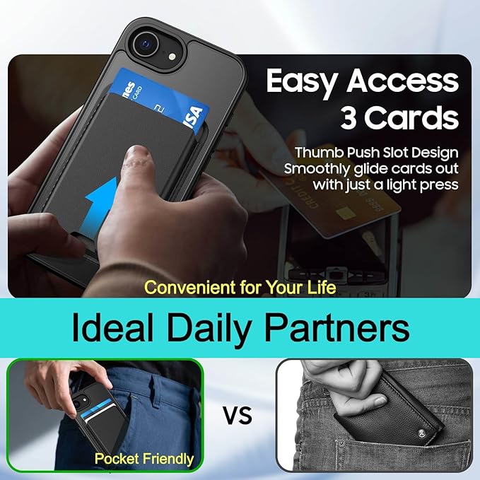Magnetic for iPhone 17e Case & iPhone 16e Case with Detachable Wallet, Compatible with MagSafe, Military Protective Slim Phone Cover with Card Holder, Black