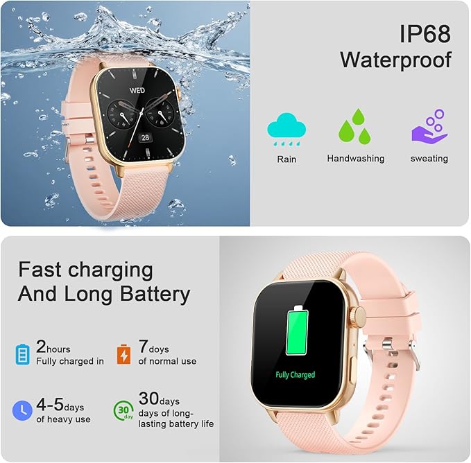 Smart Watch for Men Women, 1.85'' AMOLED HD Fitness Watch with 120+ Sports Modes, Bluetooth Call/Heart Rate/Sleep Monitor/Pedometer, Smartwatch for Android iOS, IP68 Waterproof, Gold