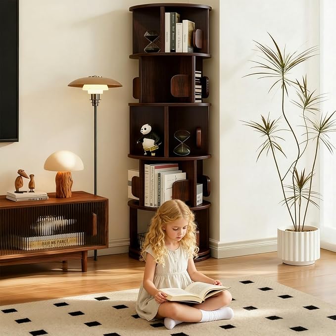 Solid Wood Rotating Bookshelf on Wheels, 5 Tier, Round Revolving Bookcase, 360° Spinning Book Shelf Tower for Kids,Narrow Storage Organizer for Bedroom, Living Room,