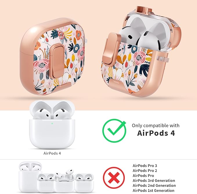 for AirPods 4 Case with Secure Lock Clip in Phone Stand,Floral Girly Style Protective Cover with Cleaning Kit and Hand Strap for Apple AirPod 4 Generation (Palm Petals)