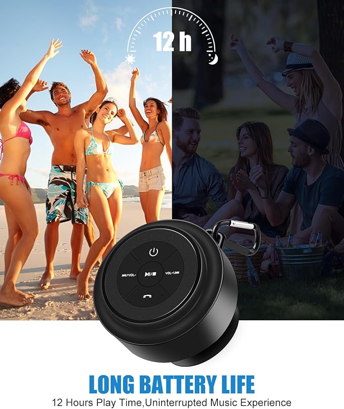 Shower Speaker Bluetooth Waterproof, Portable Mini Bluetooth Shower Speakers Waterproof with Suction Up and Clip, IPX7 Waterproof Floating Bathroom Speaker for Pool Beach Kayak, Beach Gifts（Black