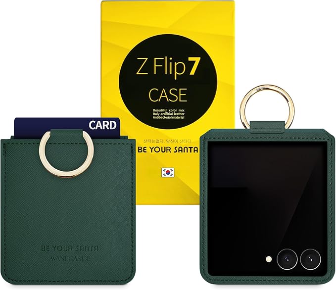 [BeYourSanta] Galaxy Z Flip 7 Case with Ring - Avant-Garde Handmade Saffiano Vegan Leather Case, Anti-Scratch Hinge Protection, Made in Korea (1 Pocket, Deep Green)