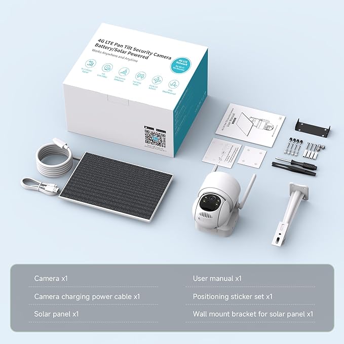 2K Solar Security Camera Wireless Outdoor, 1PCS Outdoor Camera Wireless with 360° View, Cameras for Home Security with Color Night Vision, 4G LTE Cellular, No Wi-Fi Needed, 1 Pack, White