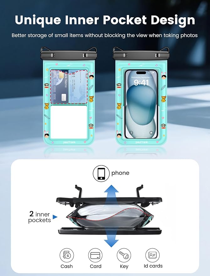 Paul Frank Waterproof Phone Pouch Floating, 2 Pack IPX8 Waterproof Phone Case with Lanyard for iPhone 17 16 15 14 Pro Max Galaxy S25 S24, Cellphone Dry Bag Beach Cruise Ship Essentials(up to 8.5")