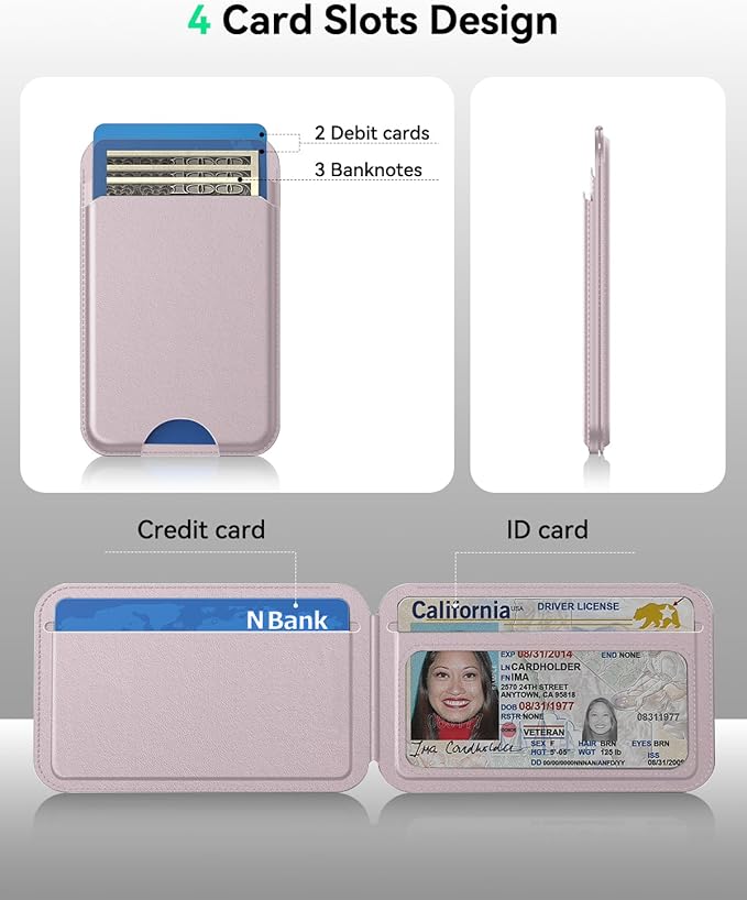 for MagSafe Wallet with Stand, 5 Card Holder, Slim Leather Magnetic Wallet for iPhone 17/16/15/14/13/12 Pro Max Plus Air Series, 3 Card Slots & 1 Cash Slot,Pink