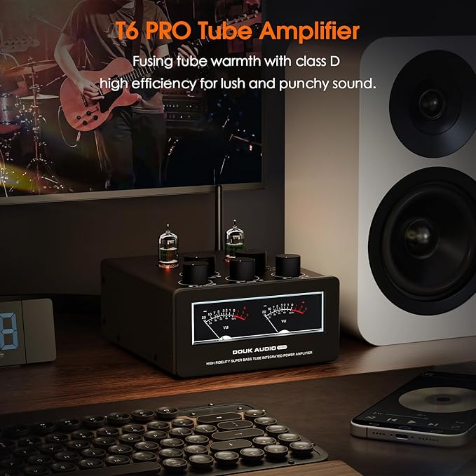 Douk Audio Bluetooth Tube Amp: 300W x2 TPA3255 2 Channel Stereo Power Amplifier – Dual VU Meters & Super Bass – for Home Theater & Hi-Fi Systems (T6 PRO)