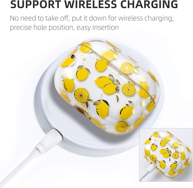 Compatible with Apple Airpods Pro Case for Women, Clear with Designs Patterns Airpods Pro Hard Case PC Shockproof [Front LED Visible ] Anti-Fall Full Protector, Lemon