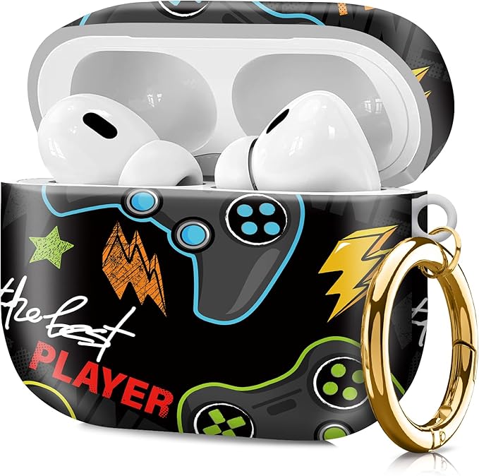 Compatible with Airpod pro 2nd/1st Generation Case Cover with Gold Round Keychain Cute Pattern Hard & Anti Slip Cover for Men Women & Girls（Game on）