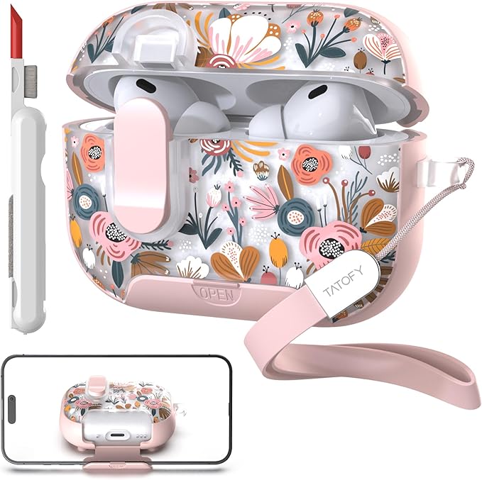 TATOFY for AirPod Pro 3 Case (2025) with Phone Stand Lanyard Lock Cleaning Kit, Compatible with Magsafe Flowers Hard AirPods Pro 3rd Generation Cover for Women (Pink, AirPods Pro 3)
