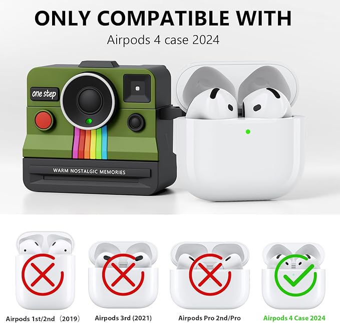 Case for AirPods 4 Case with Retro Polaroid Camera for Women - Cute Apple AirPods 4 Cover, 4th Generation AirPod Cases, Premium Silicone Protector, Ideal for Fashionable Ladies (Green, Airpods 4 Case)