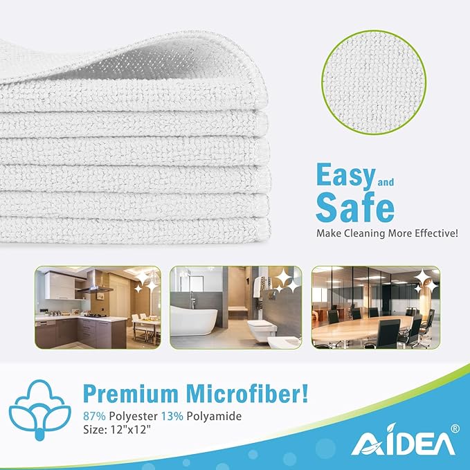 AIDEA Microfiber Cleaning Cloth-50PK, Soft Microfiber Towels for Cars, Absorbent Cleaning Rags, Lint-Free Streak-Free Wash Cloths for House, Kitchen, Window(12in.x12in), White