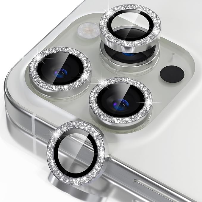 Misea Compatible for iPhone 16 Pro/iPhone 16 Pro Max Camera Lens Protector Bling, 9H Tempered Glass Camera Cover Screen Protector Metal Individual Ring Protector Decoration Accessories, Silver Glitter