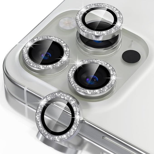 Misea Compatible for iPhone 16 Pro/iPhone 16 Pro Max Camera Lens Protector Bling, 9H Tempered Glass Camera Cover Screen Protector Metal Individual Ring Protector Decoration Accessories, Silver Glitter