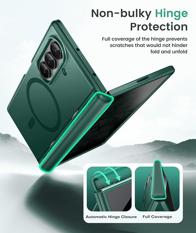 BERFY for Samsung Galaxy Z Fold 7 Case with Privacy Screen Protector, [Compatible with MagSafe][Anti Spy] Built-in Hidden Kickstand, Full-Body Shockproof Slim Phone Case for Z Fold 7, Green